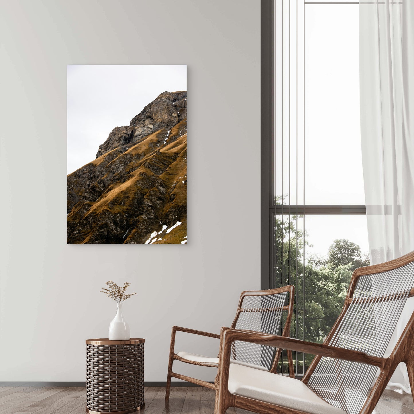 Rocky Mountain Slope With Dry Grass And Snow 60x90cm Metal Print Ready to Hang