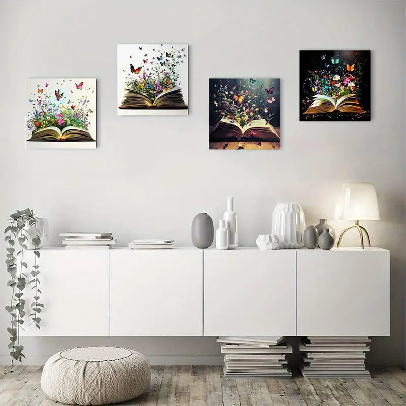 4pcs  Decor Butterfly And Book Elegan  Wall Art Canvas Framed