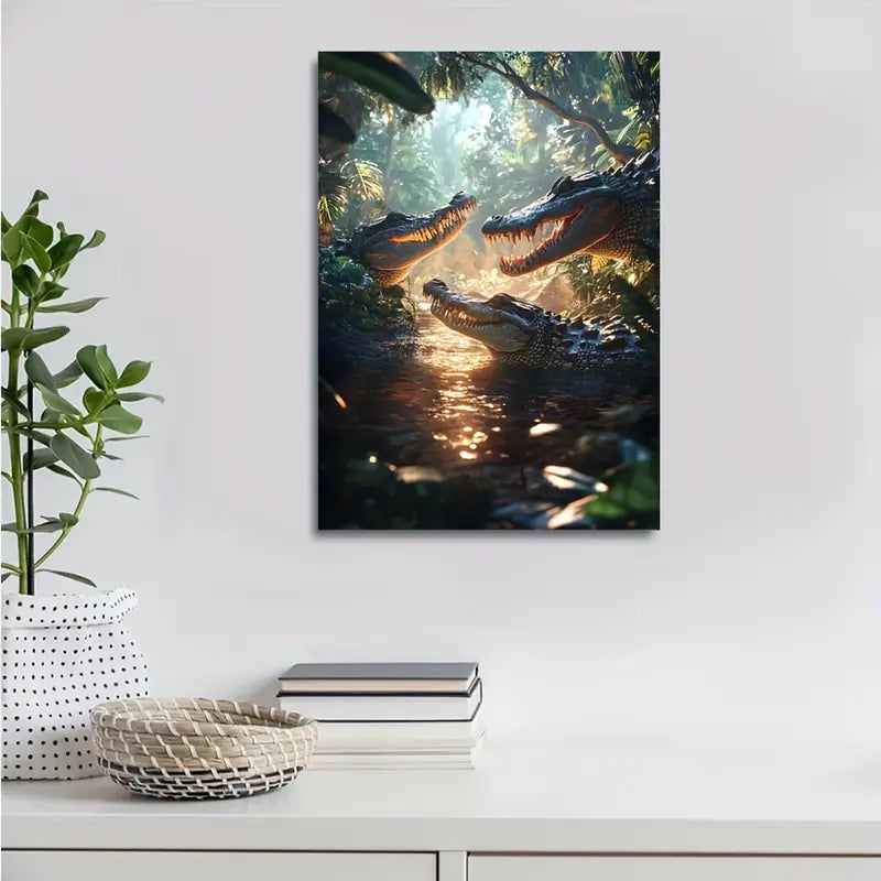 Fantasy Jungle Scene with Playful Crocodiles 40x60cm Metal Print Ready to Hang - Bella Home Decor
