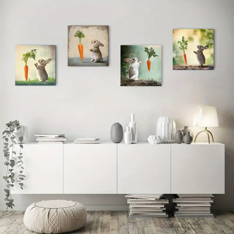 4pcs Abstract Rabbit & Carrot Canvas  Wall Art Canvas Framed