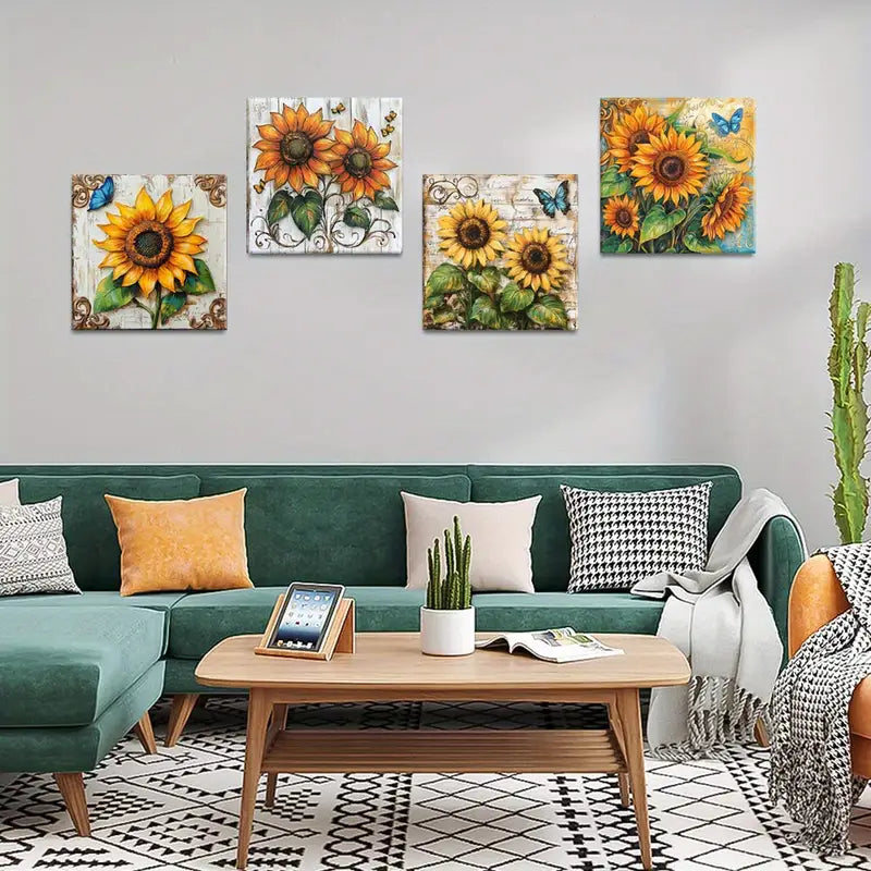 4pcs Square Wall Art, Sunflower Squar  Wall Art Canvas Framed