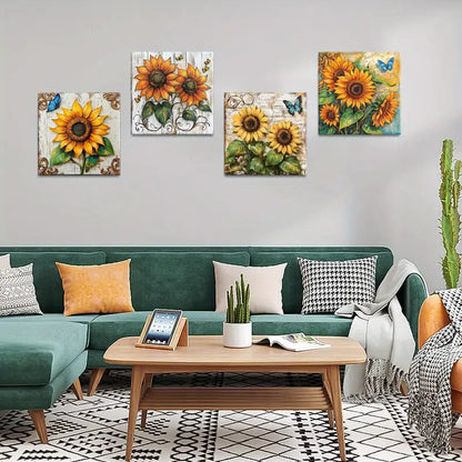 4pcs Square Wall Art, Sunflower Squar  Wall Art Canvas Framed