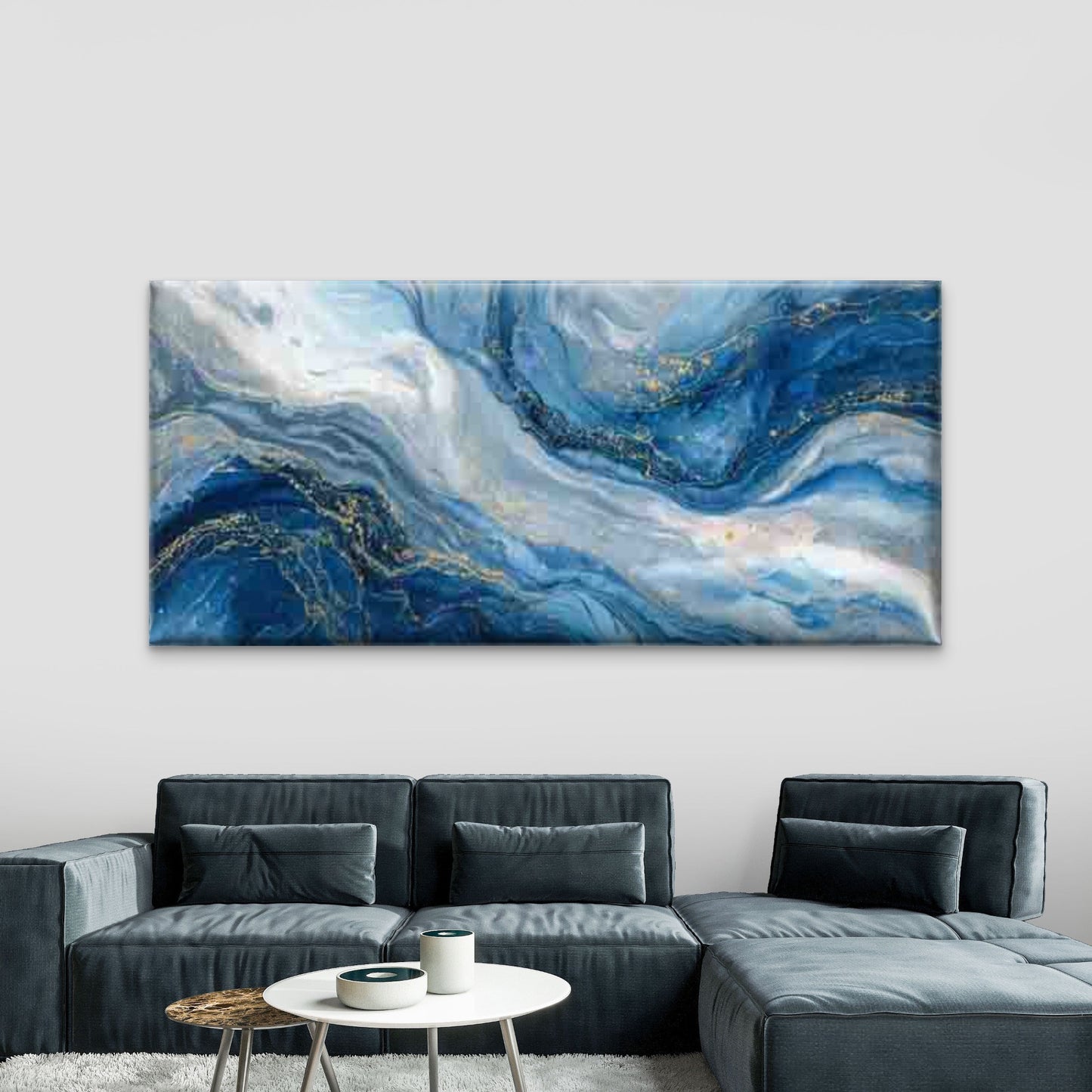 Swirls Blue & Golden Abstract Wall Art Canvas Office Home Room Framed 120x60cm
