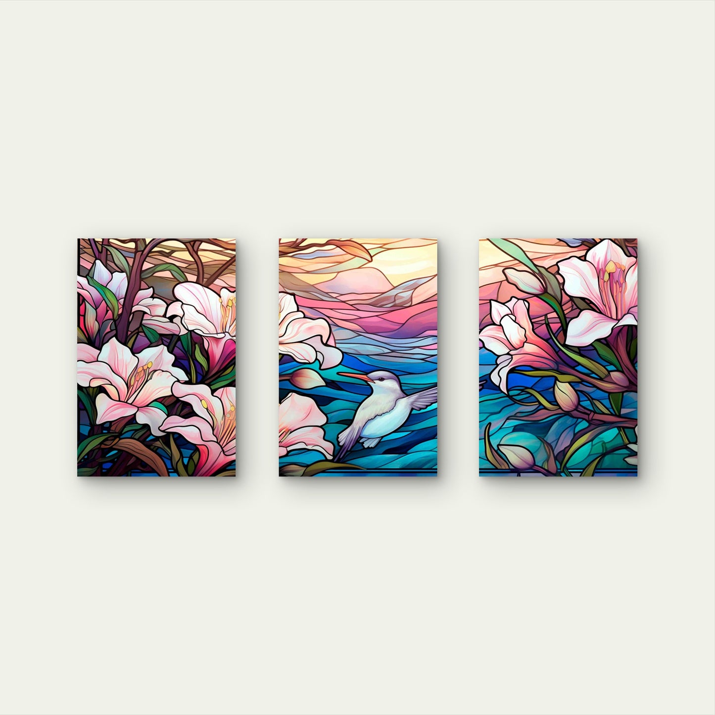3pcs Kingfisher Pink Lily Stream Metal Print Ready to Hang Art