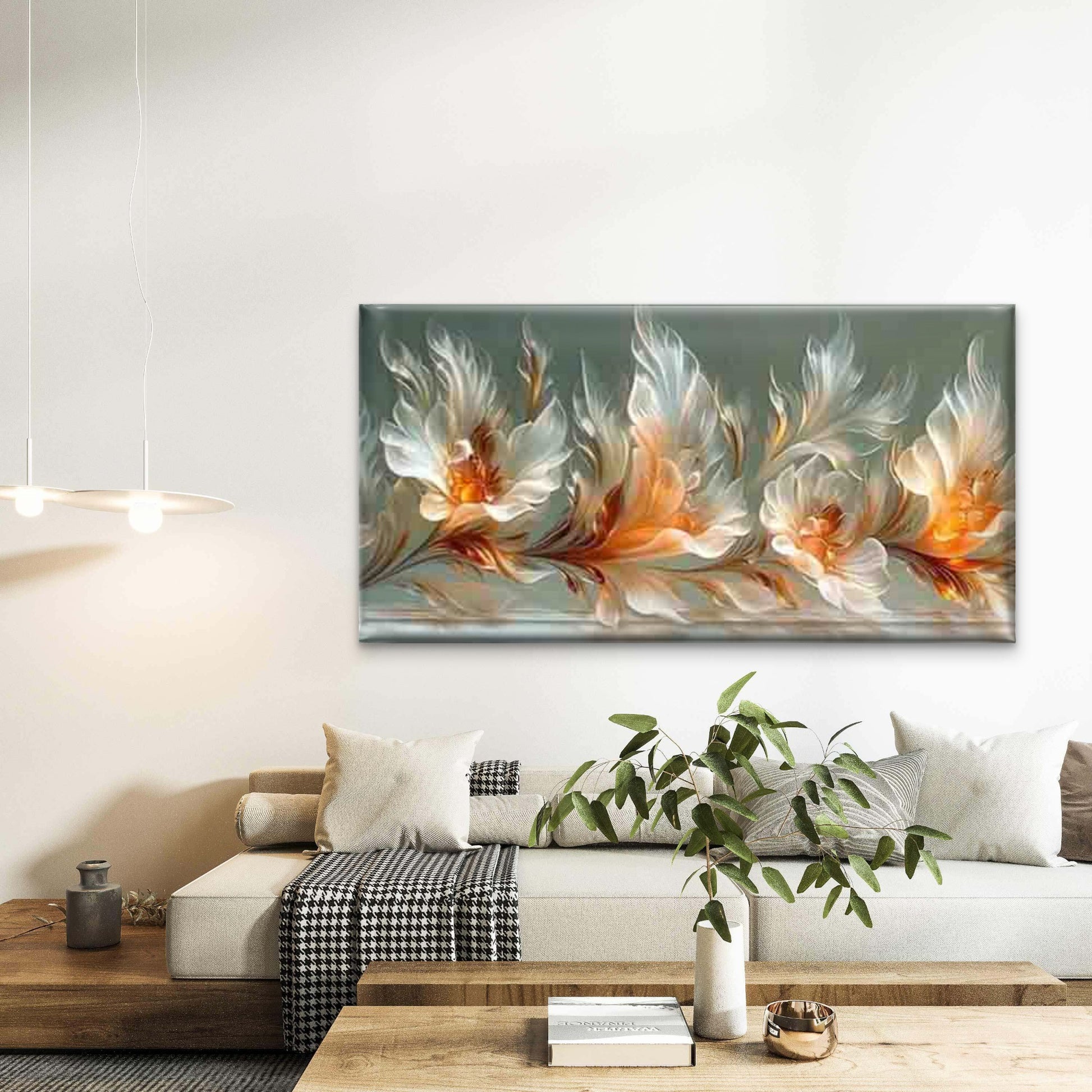 White and Orange Floral Design Wall Art Canvas Office Home Room Framed 120x60cm - Bella Home Decor