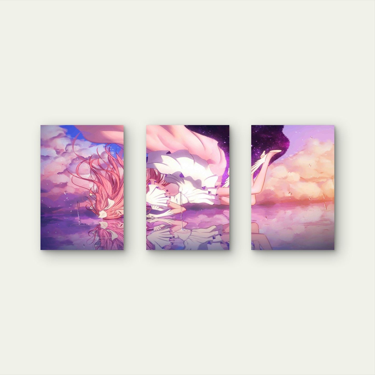 3pcs Anime Pink Hair Girl Cloud Reflection Cosmic Metal Print Ready to Hang Art