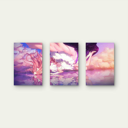 3pcs Anime Pink Hair Girl Cloud Reflection Cosmic Metal Print Ready to Hang Art