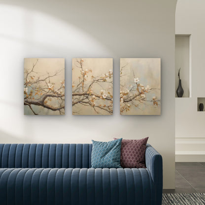 3pcs Vintage White Cherry Blossom Tree Branch Wall Art Set Canvas Framed 50x70cm - High Quality Print 100% Australian Made Wall Canvas Ready to Hang - Bella Home Decor