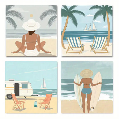 4pcs Beach Coastal Boho Woman Beach Chairs Palm Trees Surfboarde Wall Art Canvas Framed