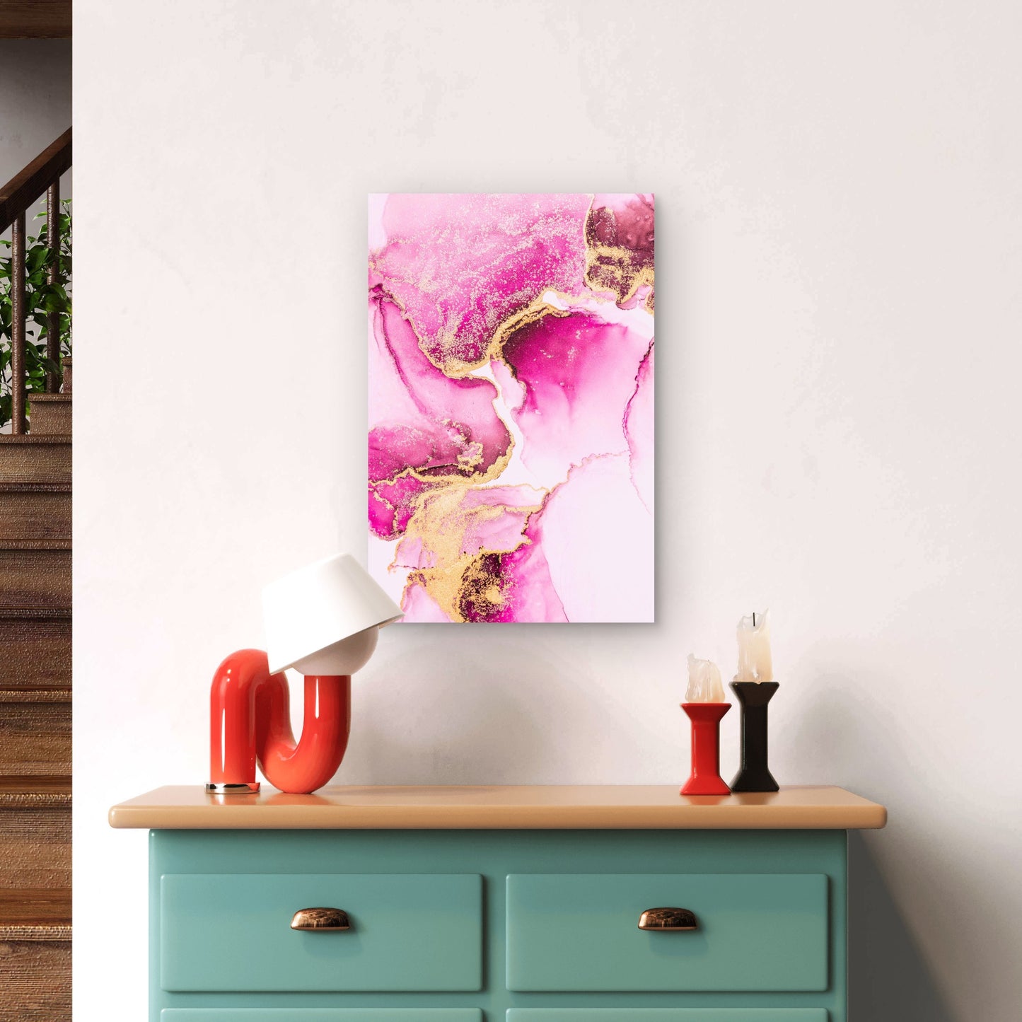 Vibrant Hot Pink Gold Abstract Marble 40x60cm Metal Print Ready to Hang