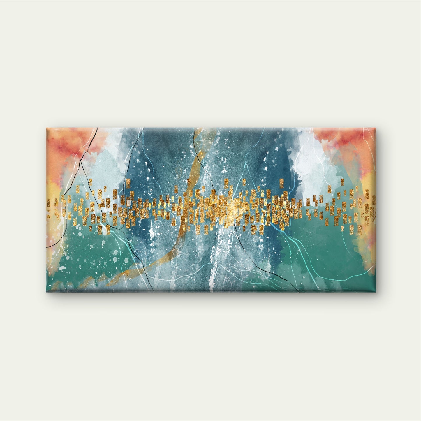 Teal Coral Gold Abstract Modern Wall Art Canvas Office Home Room Framed 120x60cm