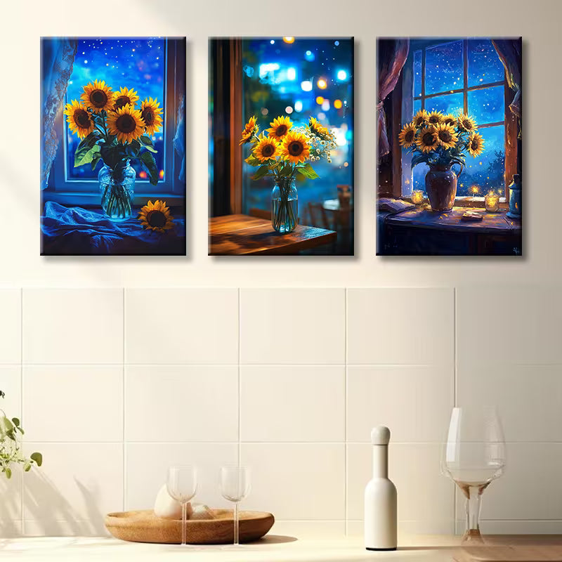 3pcs Sunflowers in a blue vase on a table Wall Art Set Canvas Framed 40x60cm - High Quality Print 100 % Australian Made Wall Canvas Ready to Hang