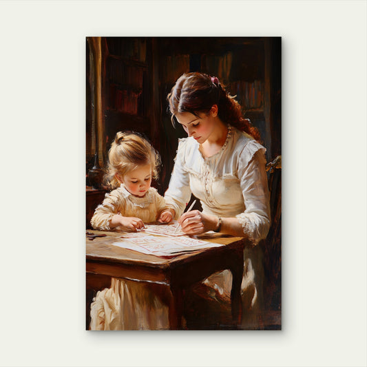 Mom And Toddler Girl Reading Book Artwork 40x60cm Metal Print Ready to Hang