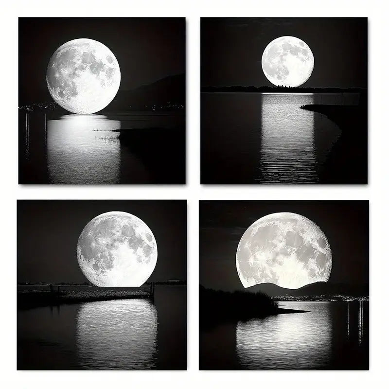 4pcs  Black White Abstract Full Moon  Wall Art Canvas Framed