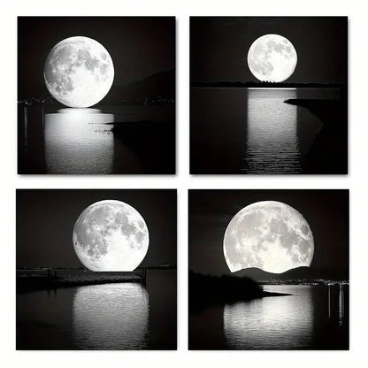 4pcs  Black White Abstract Full Moon  Wall Art Canvas Framed
