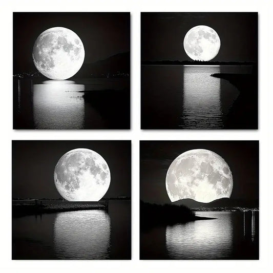 4pcs  Black White Abstract Full Moon  Wall Art Canvas Framed
