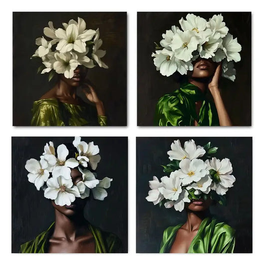 4pcs Green Lady Flower Picture Wall Art Canvas Framed