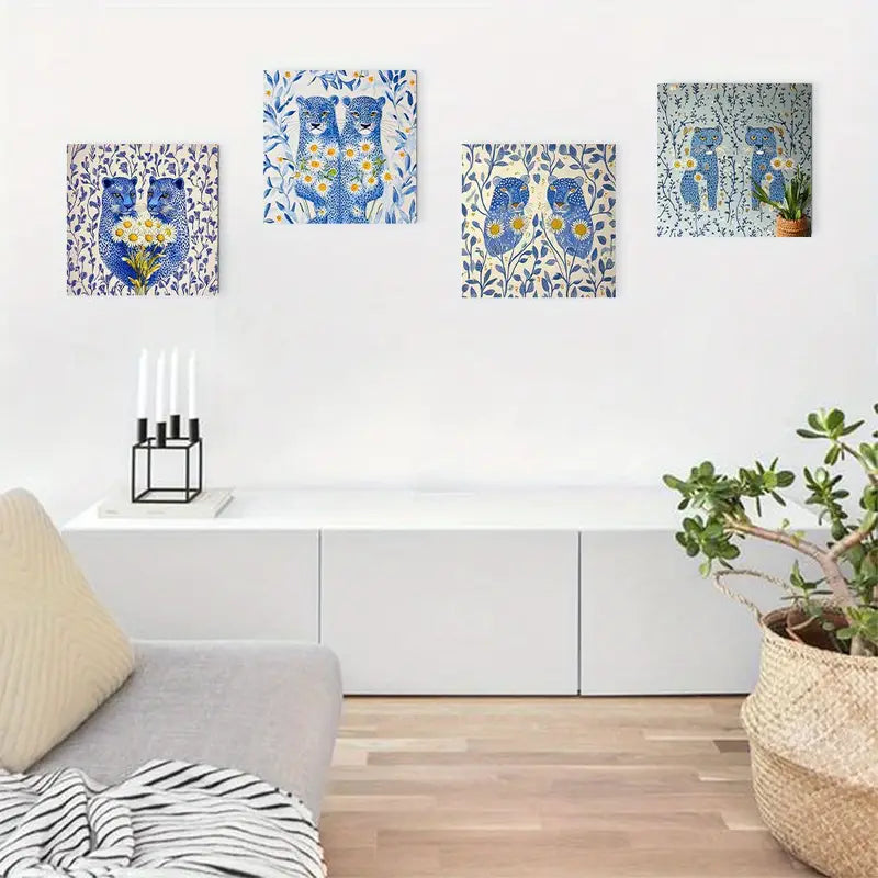 4pcs Blue Cheetah ThemeWall Art Canvas Framed