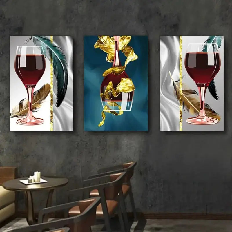 3pcs Red Goblet Design Metal Print Ready to Hang Art