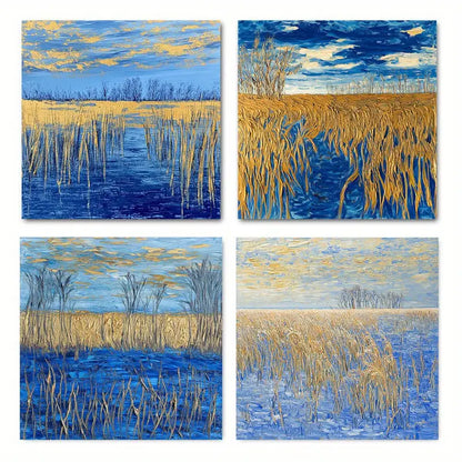 4pcs Blue Sky,White Cloud, Forest & Yellow Grass Landscapes Wall Art Canvas Framed