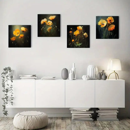 4pcs Amber Poppy Elegant  Wall Art Canvas Framed