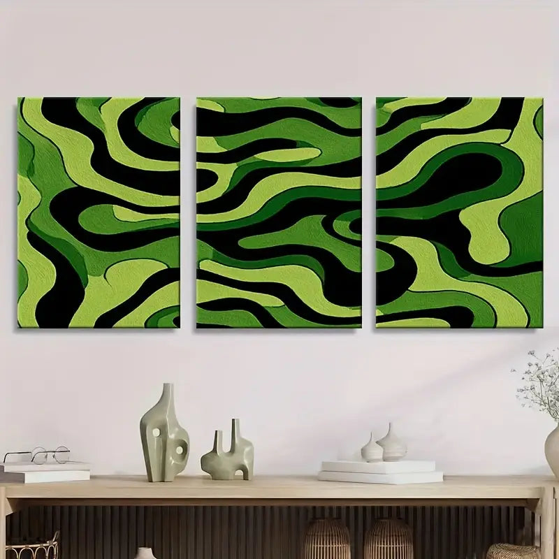 3pcs Green And Black Wavy Lines Metal Print Ready to Hang Art