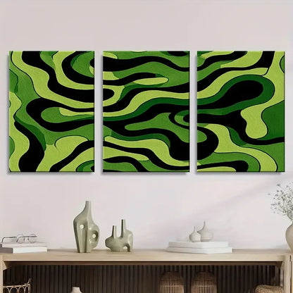3pcs Green And Black Wavy Lines Metal Print Ready to Hang Art