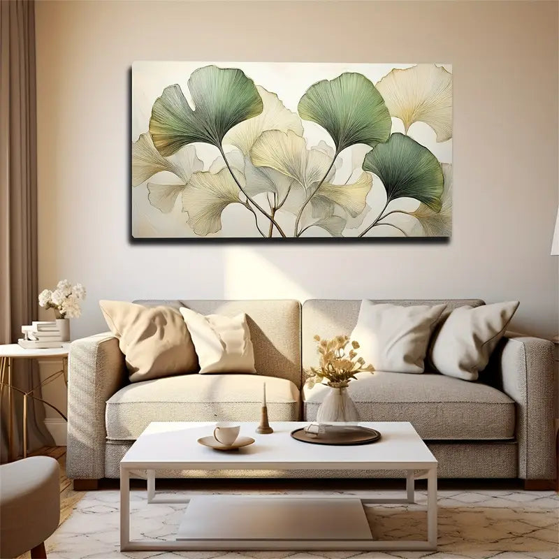 Embossed Ginkgo Leaves in Light Green Beige Wall Art Canvas Office Home Room Framed 120x60cm - Bella Home Decor