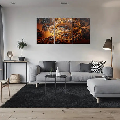 3pcs Golden Fractal Art Triptych Canvas Metal Print Ready to Hang Art - Bella Home Decor