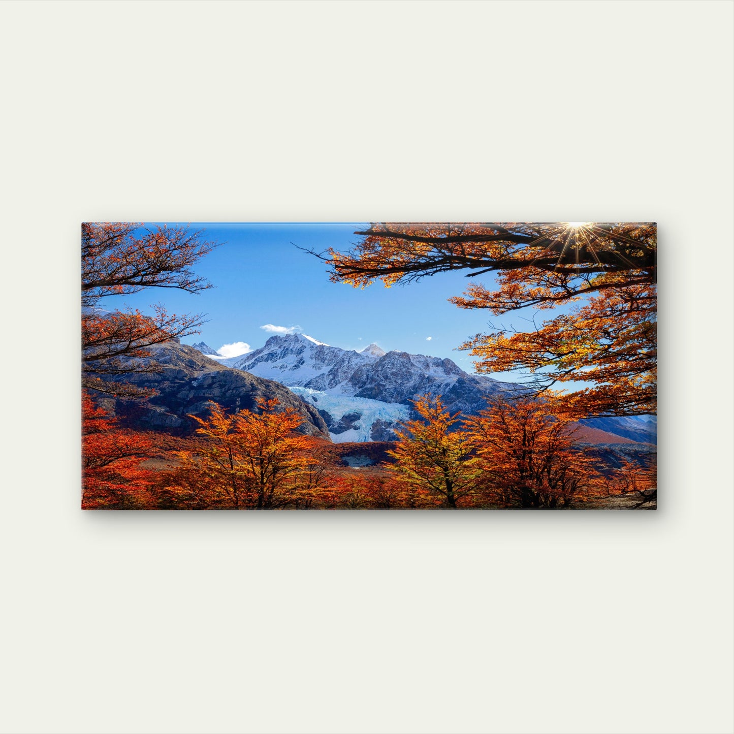 Alpine Glacier Autumn Foliage Sunburst Mountain Valley Wall Art Canvas Office Home Room Framed 120x60cm