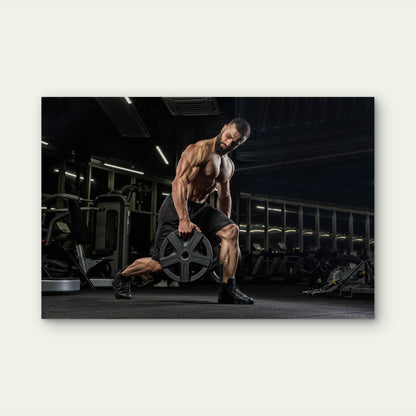 Male Athlete Lunging With Weight Plate Gym Fitness 5mm thick Plastic Poster Ready to Hang 90x60cm