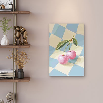 Pink Cherries on Checkerboard 60x90cm Metal Print Ready to Hang