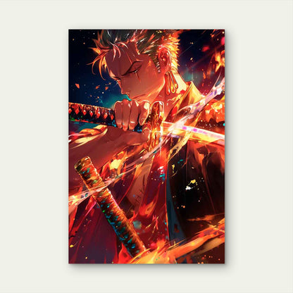Green Hair Anime Swordsman & Katana 40x60cm Metal Print Ready to Hang