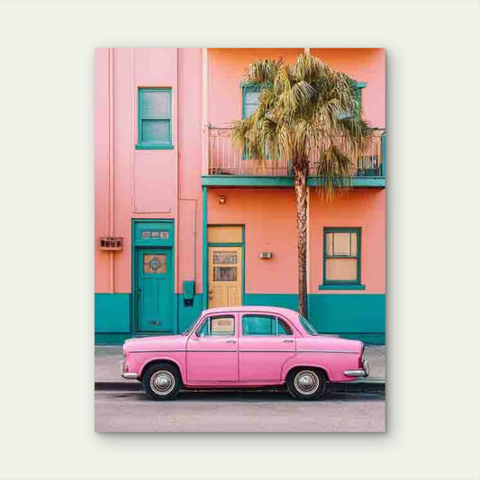 Pink Vintage Car Photography Metal Print Ready to Hang
