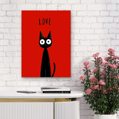 Black Cat Red Love Text 60x90cm Metal Print Ready to Hang - Bella Home Decor
