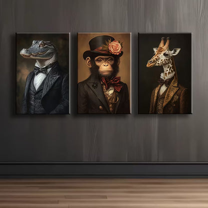 3pcs Luxurious Animal Portraits in Dress Wall Art Set Canvas Framed 40x60cm - High Quality Print 100% Australian Made Wall Canvas Ready to Hang