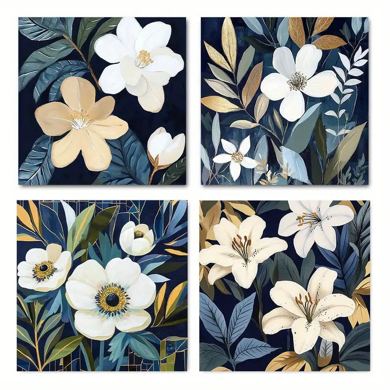 4pcs Blossom Flower White Flora Wall Art Canvas Framed