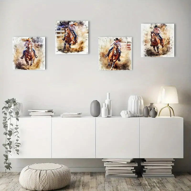 4pcs Watercolor Western Action Scenes Wall Art Canvas Framed