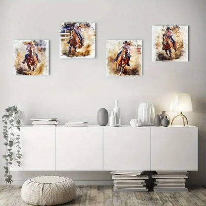 4pcs Watercolor Western Action Scenes Wall Art Canvas Framed
