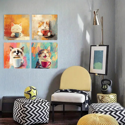 4pcs Adorable Kitten Tea & Coffee  Wall Art Canvas Framed