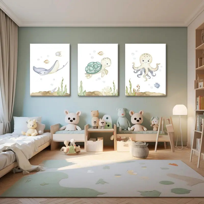3pcs Octopus, Turtle, & Whale Ocean-Themed Nursery Metal Print Ready to Hang Art