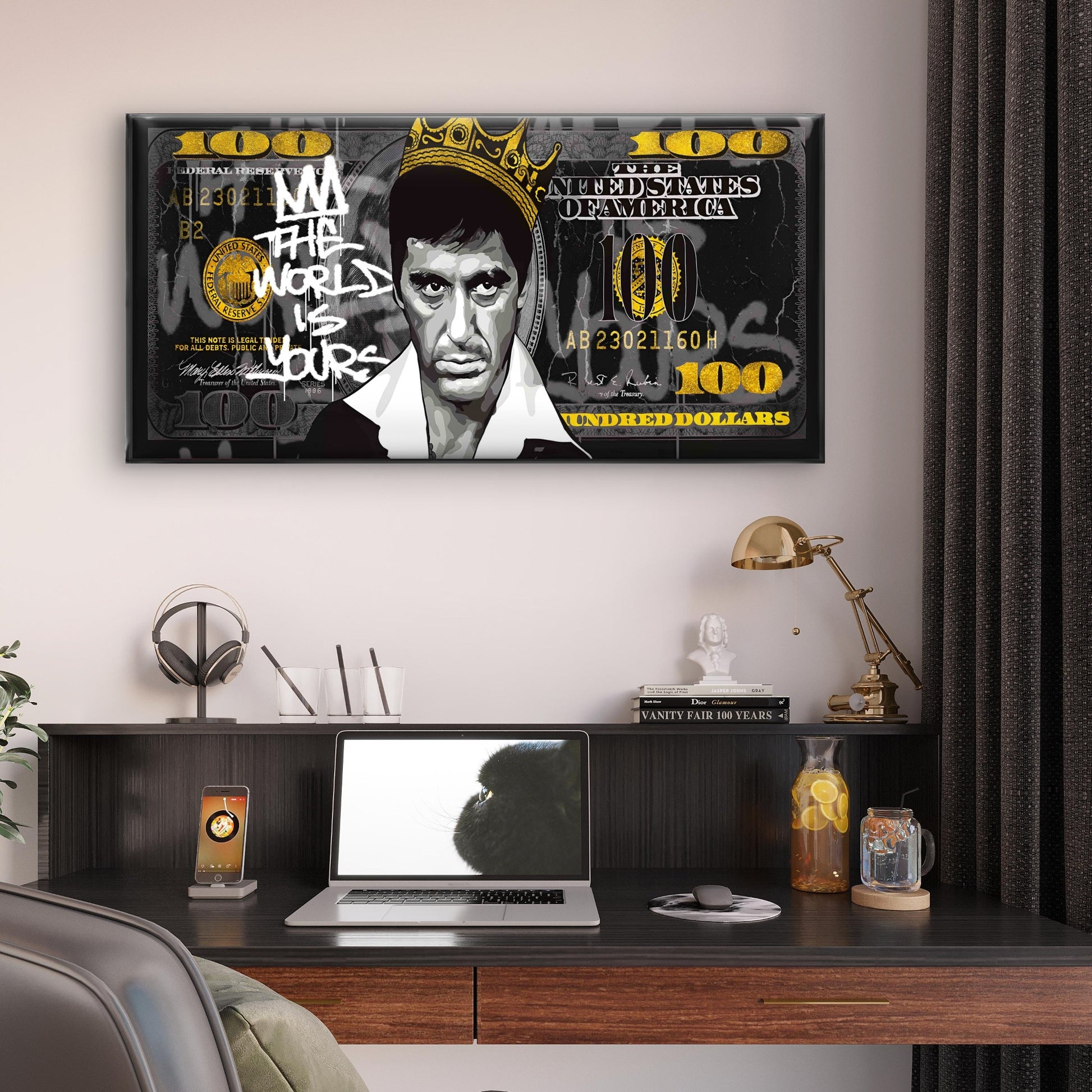 Crowned Mobster Cash Money Print Wall Art Canvas Office Home Framed 120x60cm - Bella Home Decor