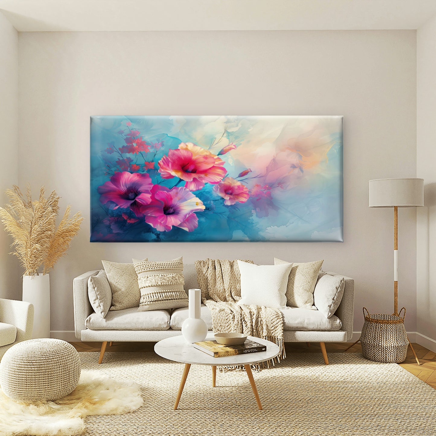 Pink Petals On Blue Wall Art Canvas Office Home Room Framed 120x60cm
