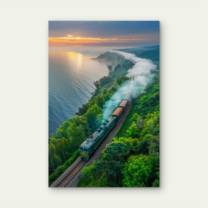 Train Journey Through Lush Green Landscape by Water 40x60cm Metal Print Ready to Hang