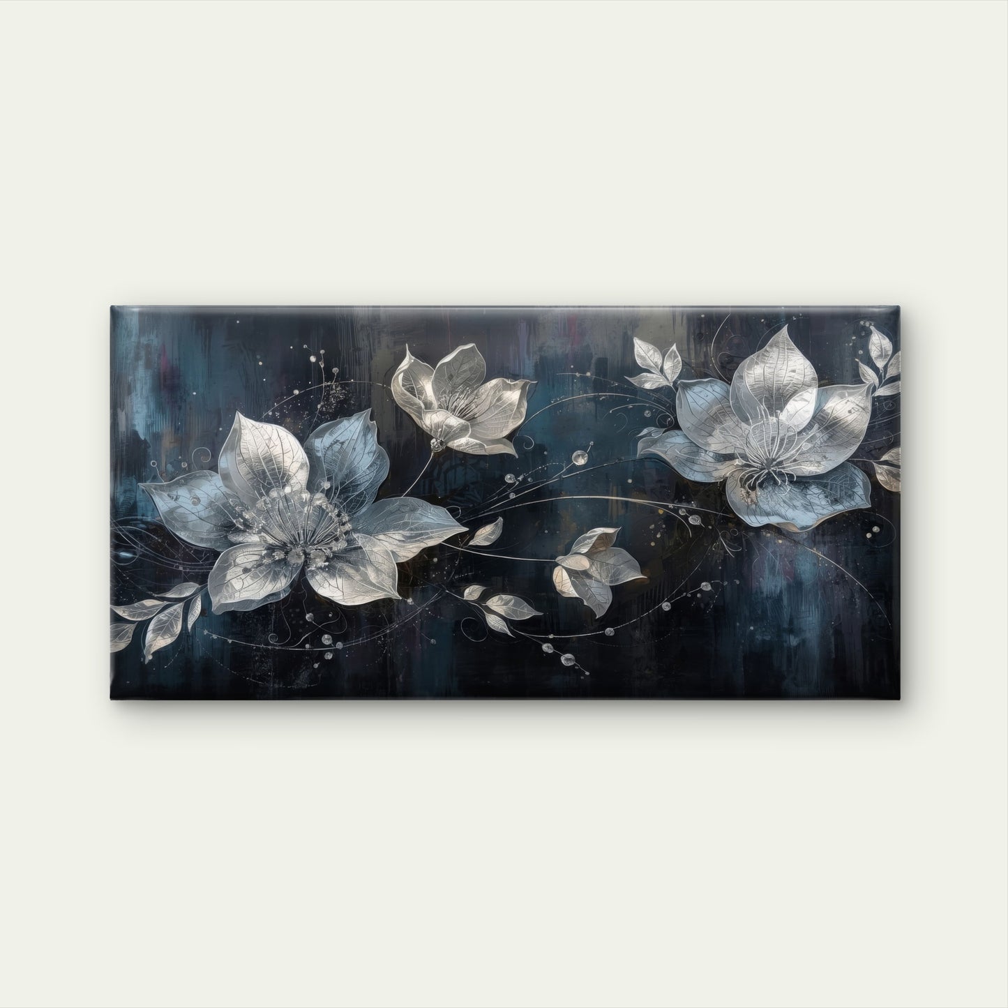 Silver Floral Metallic Blossom Wall Art Canvas Office Home Room Framed 120x60cm