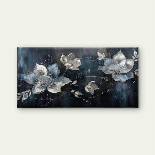 Silver Floral Metallic Blossom Wall Art Canvas Office Home Room Framed 120x60cm