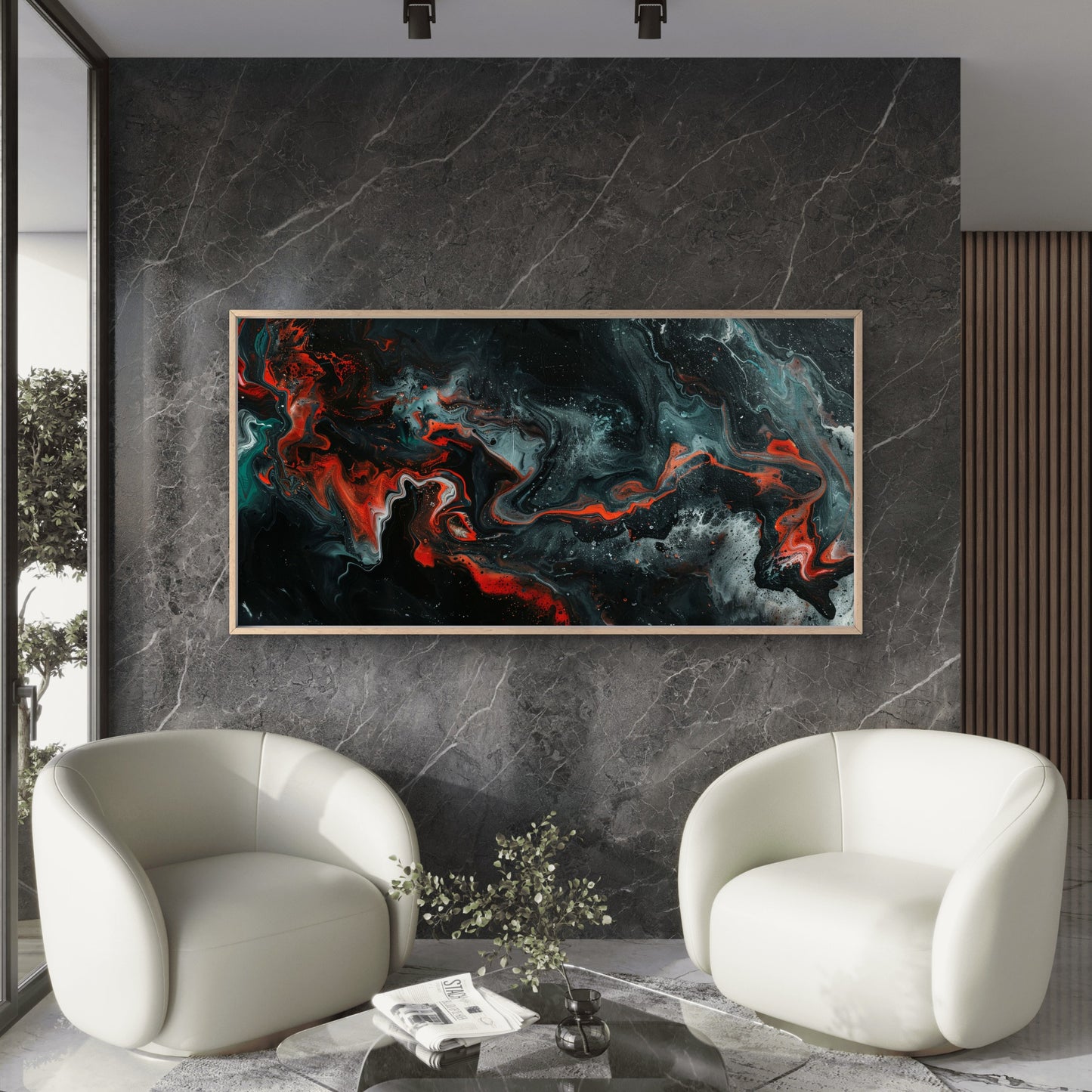 Abstract Liquid Red Black Wall Art Canvas Office Home Room Framed 120x60cm
