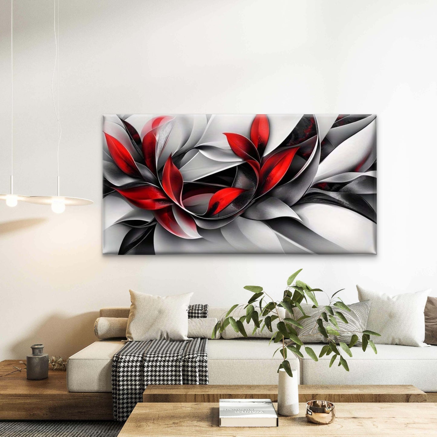 Abstract Red Black White Leaf Wall Art Canvas Office Home Room Framed 120x60cm - Bella Home Decor