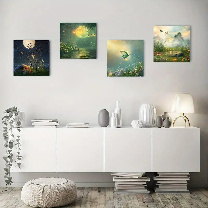 4pcs Enchanted Moonlit Garden   Wall Art Canvas Framed