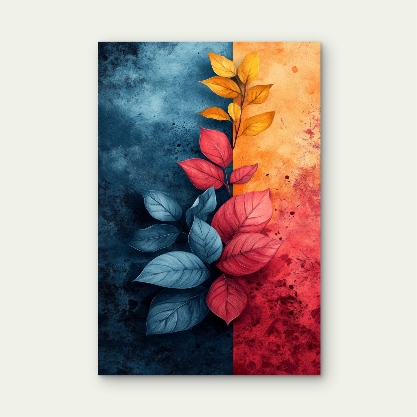 Abstract Botanical Leaves Split Background Blue Orange Red 40x60cm Metal Print Ready to Hang